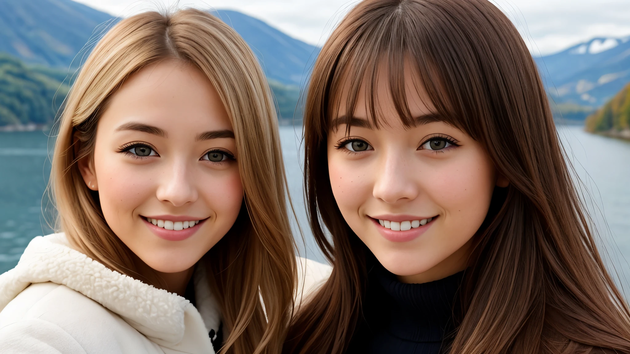 Instagram pictures, 1 French girl, Shoulder length hair, Has light blonde hair, Close-up photo, coat, The background is Lake Kawaguchiko., Japan, smile a little,