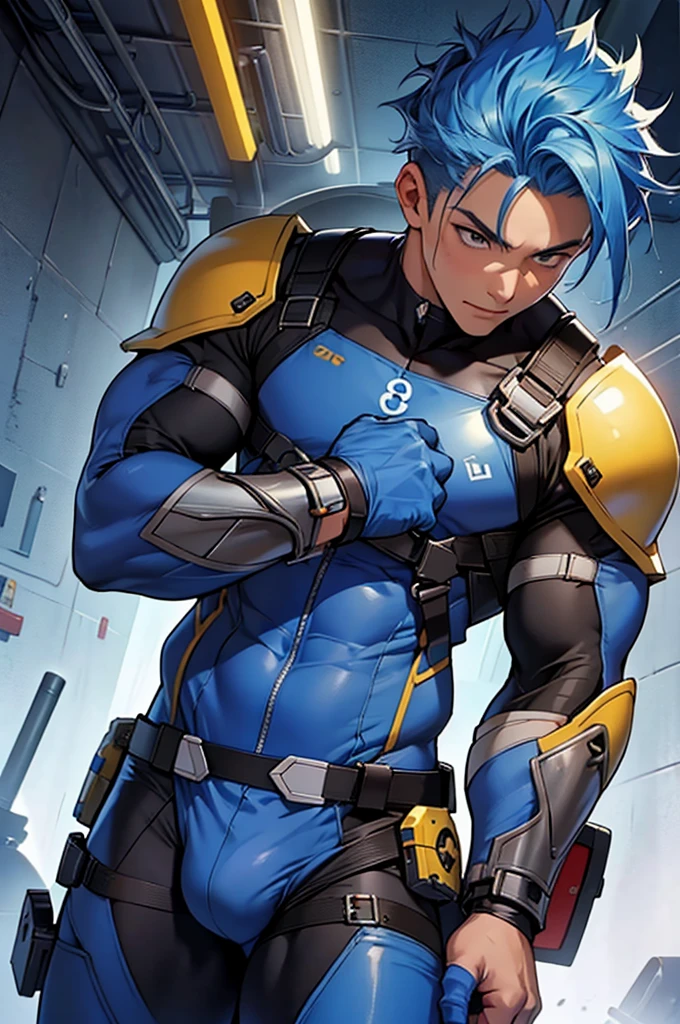 ((highest quality, 8K, super detailed, masterpiece: 1.3)), 1 boy, 、blue hair、shiny skin, sharp, perfect body beauty, Perfect body with realistic shading, (cute baby face:1. suit, tech wear,big bulge ":1.2),("leggings , armor":1.1),("glove, armor":1.1 ),(tech wear)(dynamic pose:1.1), thigh , battlefield , (bulge focus:1.2),("Scouter":1.2)