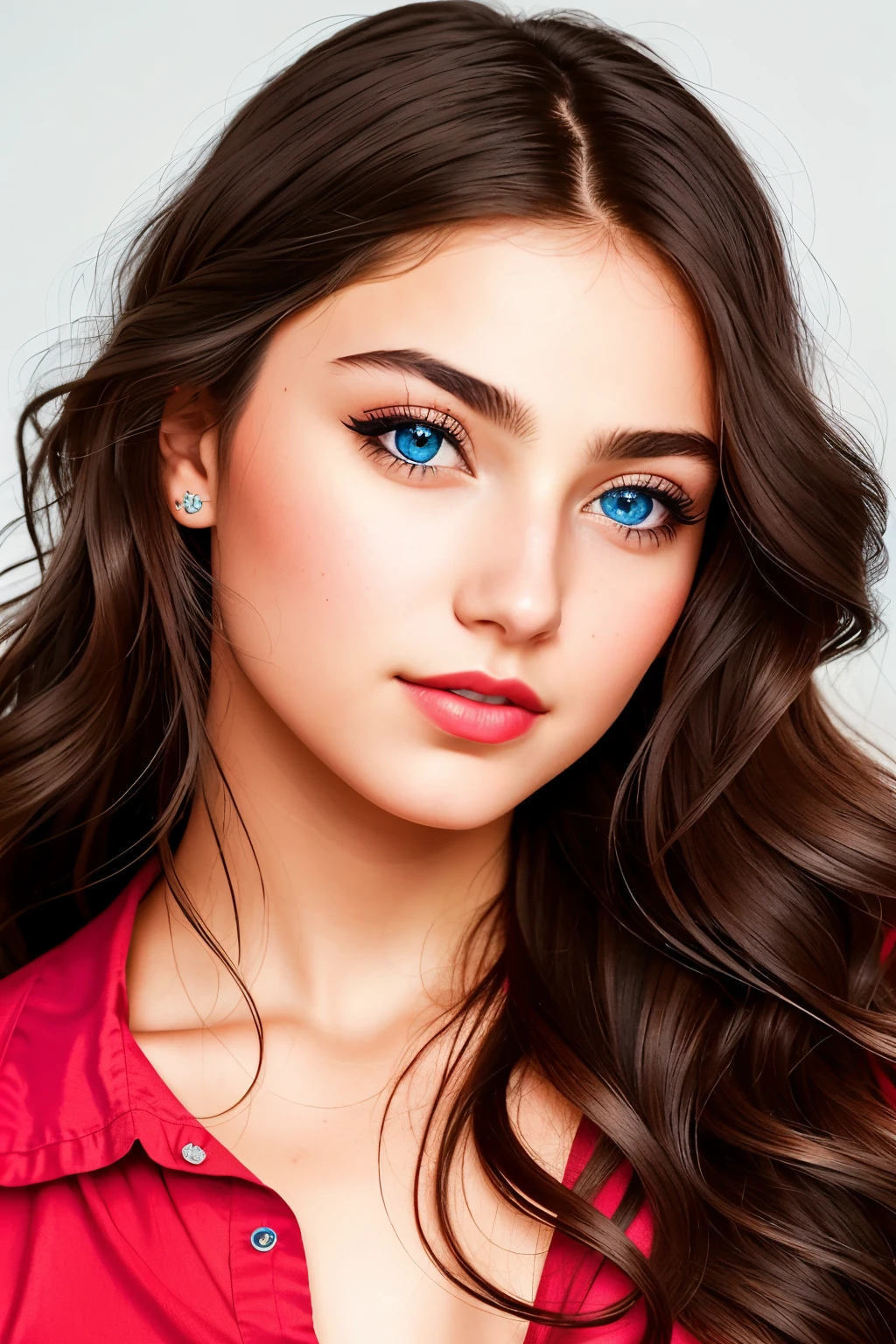 A close-up portrait shot of a 20-year-old brunette girl with a neutral-toned white background (pristine and clean: 1.1). Her red lips (vibrant and luscious: 1.3) are accentuated by the lighting, which emphasizes the finer details, especially around the eyes (intricate and expressive: 1.2), where the blue hue of her eyes shines through ( Deep and Mesmerizing: 1.1). Her hair (authentic and wavy: 1.2) cascades around her face, appearing natural and slightly tousled (effortless and unrestrained: 1.2
