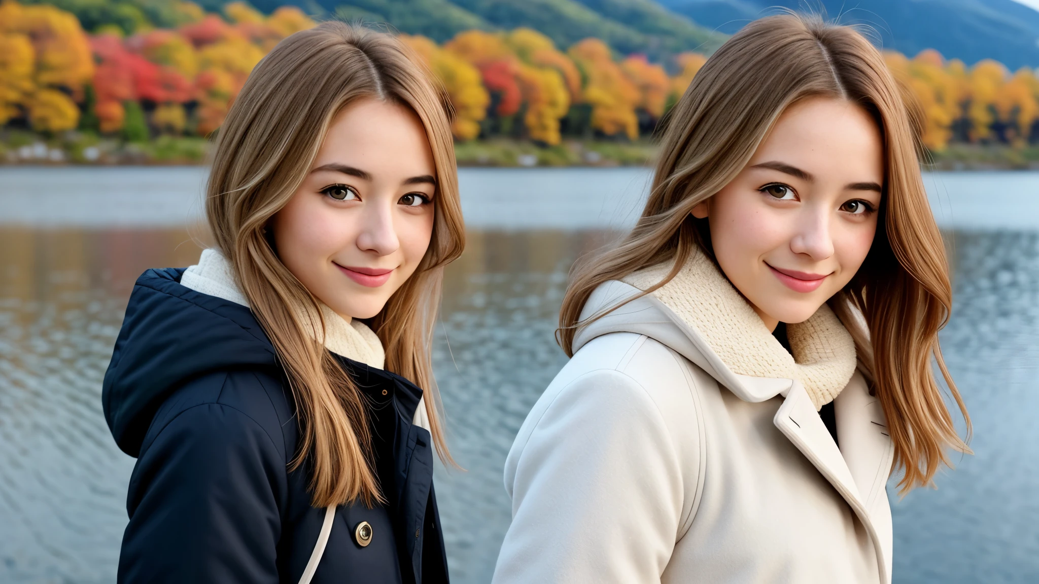 Instagram pictures, 1 French girl, Shoulder length hair, Has light blonde hair, Close-up photo, coat, The background is Lake Kawaguchiko., Japan, smile a little,
