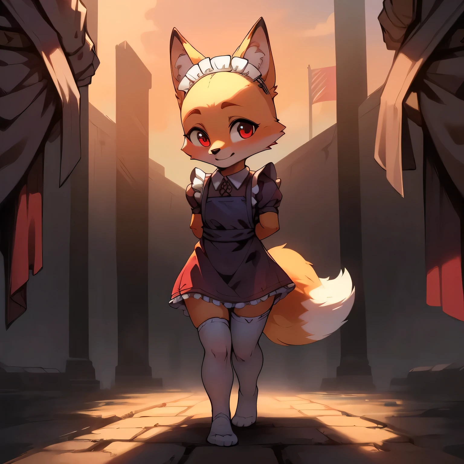 Best quality,Masterpiece,(Cartoony),solo person,(Maid group dress),((white stockings,White knee-length socks)),(Small ,for ,Short stature),((bald-headed,fox Facial Features,fox Body Features,Pale orange body)),((No ears,foxears)),(Walking forward,Hands behind their backs,Rope binding,Bundled),red color eyes,bunny tail,fox feet,Medieval execution site background, happy fox