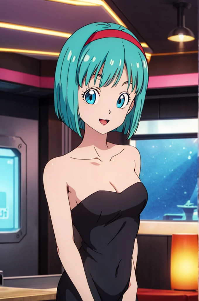 best quality, high resolution, indoors, smile, bulma, 1 girl, solo, breasts, looking at viewer, smile, short aqua hair, bob cut, blue eyes, red hairband, little black dress, strapless dress, bare shoulders, bare collarbone, thighs, skin-tight dress, standing, nightclub background, masterpiece, best quality, ultra detailed, open mouth,