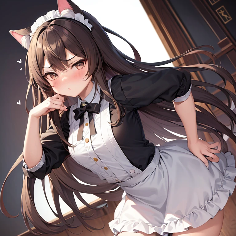 (masterpiece), best quality, absurdres, the face of a cute girl in a maid uniform with a pouting expresison, angry, neko, cat ears, maid, long brown hair, grey eyes, chibi, emoji, icon, white background, cute, 1girl, best quality, incredible detail, 4k, masterpiece, pout