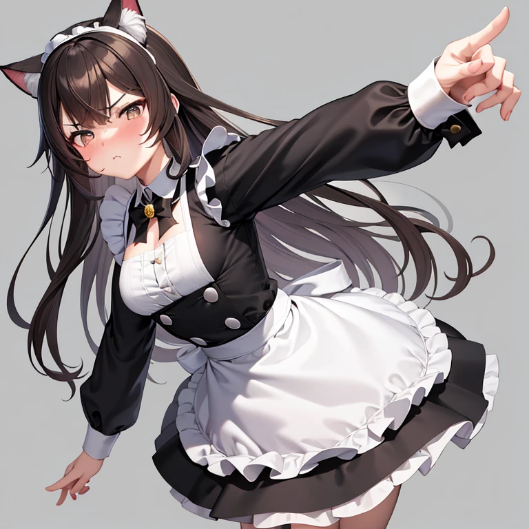 (masterpiece), best quality, absurdres, the face of a cute girl in a maid uniform with a pouting expresison, angry, neko, cat ears, maid, long brown hair, grey eyes, chibi, emoji, icon, white background, cute, 1girl, best quality, incredible detail, 4k, masterpiece, pout