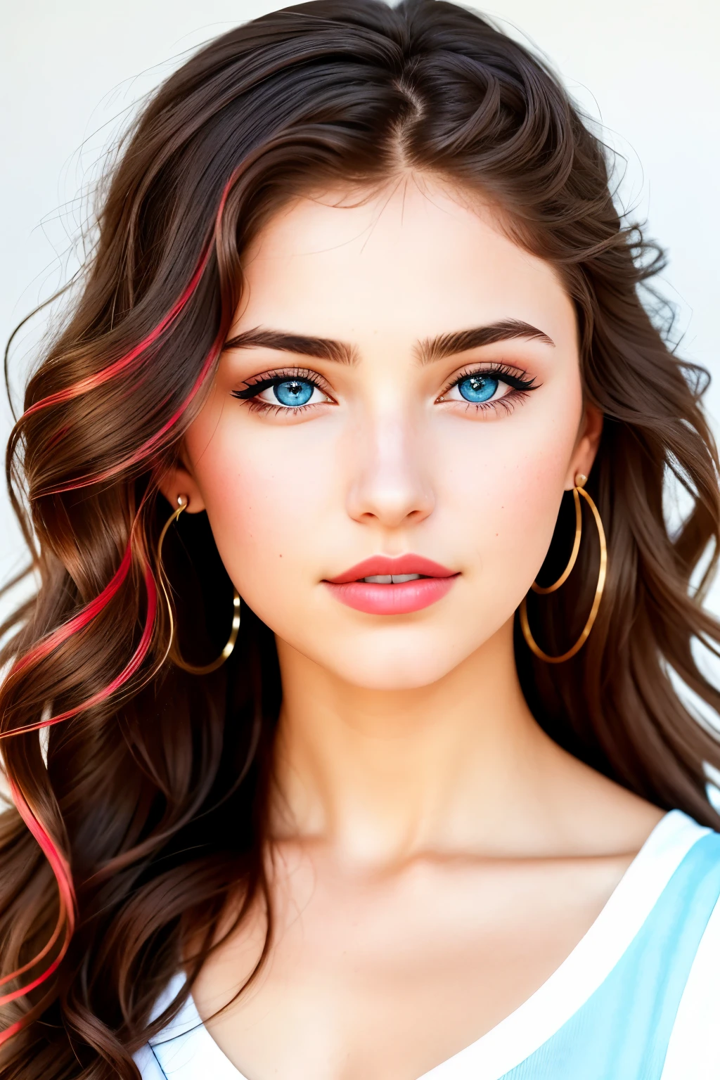 A close-up portrait shot of a 20-year-old brunette girl with a neutral-toned white background (pristine and clean: 1.1). Her red lips (vibrant and luscious: 1.3) are accentuated by the lighting, which emphasizes the finer details, especially around the eyes (intricate and expressive: 1.2), where the blue hue of her eyes shines through ( Deep and Mesmerizing: 1.1). Her hair (authentic and wavy: 1.2) cascades around her face, appearing natural and slightly tousled (effortless and unrestrained: 1.2