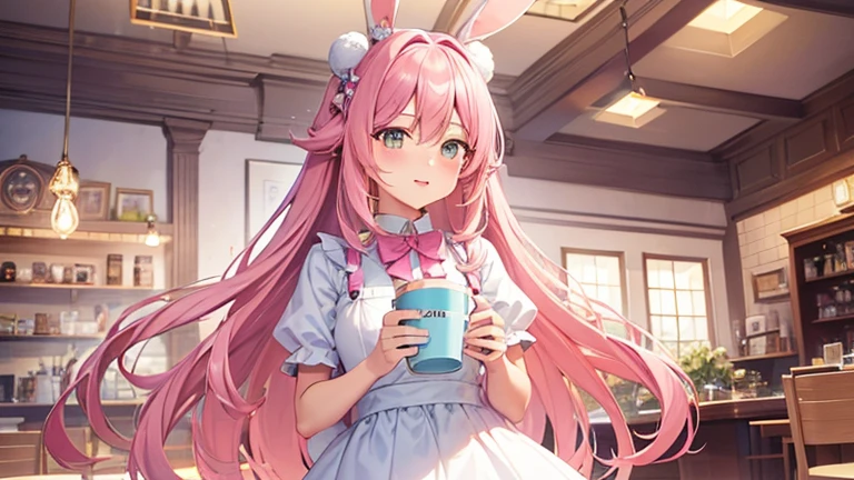 beautiful illustrations, highest quality, pretty girl, pastel colour, fluffy rabbit ears, , pink long hair, rabbit stuffed, bright lighting,Cafe,coffee