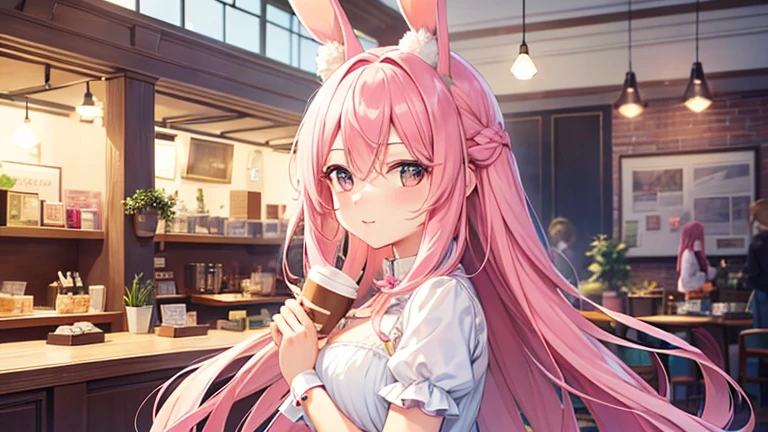 beautiful illustrations, highest quality, pretty girl, pastel colour, fluffy rabbit ears, , pink long hair, rabbit stuffed, bright lighting,Cafe,coffee