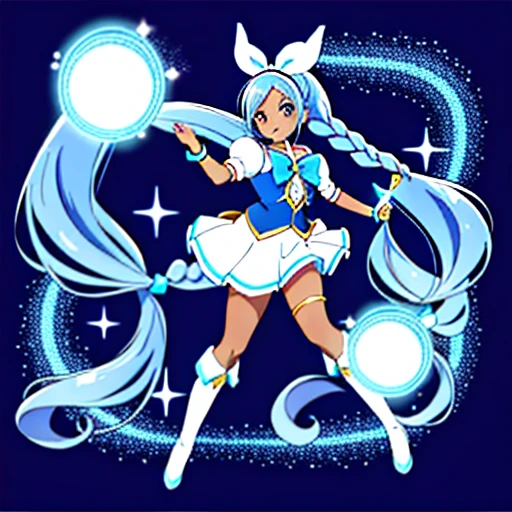 anime, magical girl, (happiness charge precure), pretty cure, (dark skin), African American, (((super long braided ponytail swings around, french blue hair, long loose white ribbon in hair))), white and gold knee-high boots, solid light blue skirt, (gold heart brooch on chest, curly balloon ribbons on brooch), (black shirt), ((ballet pose)), 1girl, smile, (magical, magnificent, masterpiece:1.3), spiral pattern background