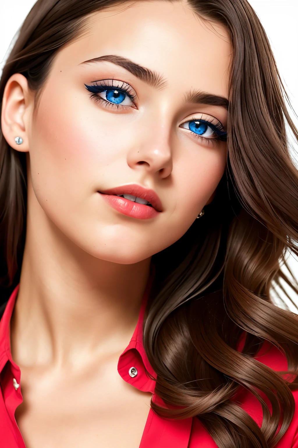 A close-up portrait shot of a 20-year-old brunette girl with a neutral-toned white background (pristine and clean: 1.1). Her red lips (vibrant and luscious: 1.3) are accentuated by the lighting, which emphasizes the finer details, especially around the eyes (intricate and expressive: 1.2), where the blue hue of her eyes shines through ( Deep and Mesmerizing: 1.1). Her hair (authentic and wavy: 1.2) cascades around her face, appearing natural and slightly tousled (effortless and unrestrained: 1.2