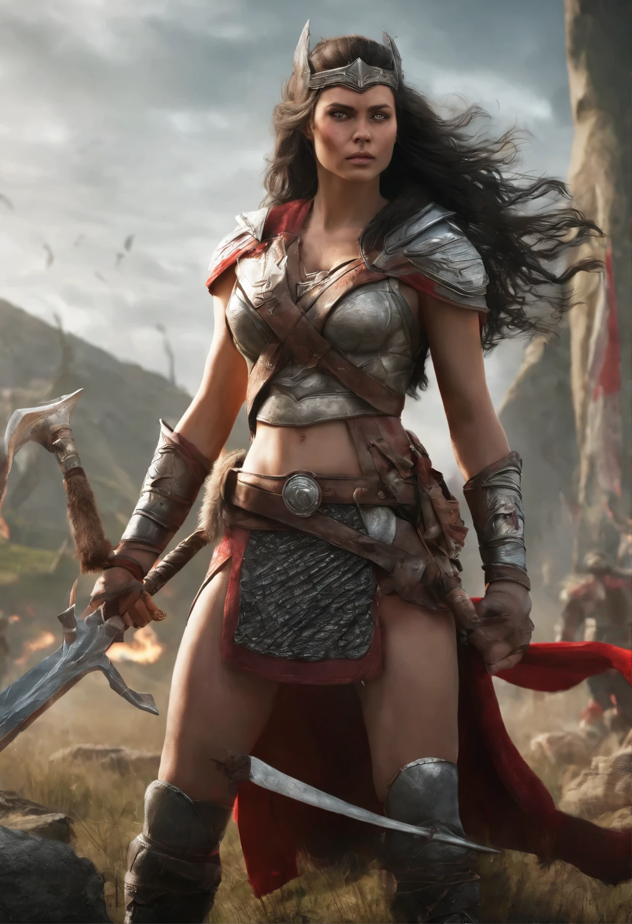 Lady Sif (Marvel comics), (Very Huge Huge ),(Very busty Huge Ass), The sun illuminates the battlefield on the green field, Viking Female Berserker stands over defeated enemy, axes in the blood, The Spirit of Victory, jubilation, Flags, Fire & Arrows, 4K ultra hd, UnrealEngine, MAximum Quality. (Negative prompts: bad anatomy, too many fingers, distorted face)
