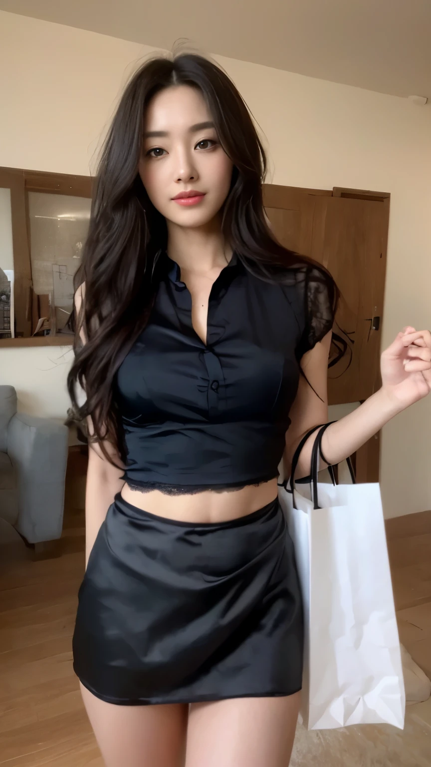 ((top-quality、8k、​masterpiece:1.3))、Beautiful woman with perfect body:1.4、slim abdomen:1.2、Longhair, normal breast, Highly detailed facial and skin texture, A detailed eye, delicate eyes, (smile), (full body shot), ((shopping mall)), (standing), (((wearing black silk shirt with short skirt))), looking in front,