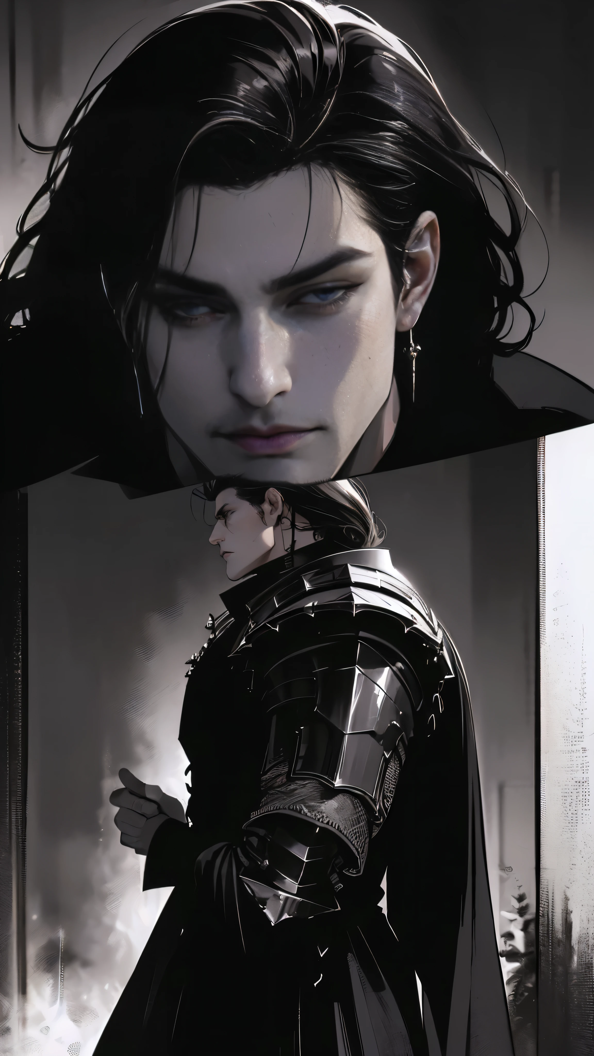 ((high detail, masterpiece)), dramatic lighting(absurdres, highres, ultra detailed), extremely detailed CG unity 8k. mature face, adult man, man, mature man, muscular, tall, long dark black hair, sharp jawline, sharp eyes, muscular build, earrings, mature man, formal black clothing armor