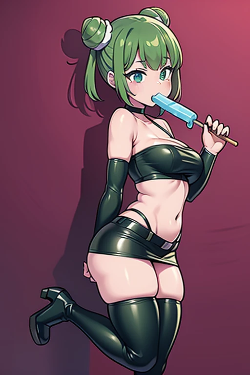detailed digital art, dark green slim girl, hair is in two buns, undersized clothes, ((tight leather mini tube top)), small , leather mini skirt, tight leather stockings, pair of leather boots, licking popsicle, breast
