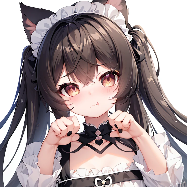 (masterpiece), best quality, absurdres, the face of a cute girl in a maid uniform with a pouting expresison, angry, neko, cat ears, maid, long brown hair, grey eyes, chibi, emoji, icon, white background, cute, 1girl, best quality, incredible detail, 4k, masterpiece, pout