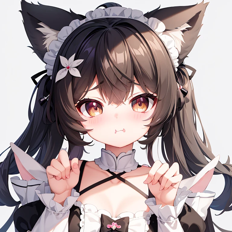 (masterpiece), best quality, absurdres, the face of a cute girl in a maid uniform with a pouting expresison, angry, neko, cat ears, maid, long brown hair, grey eyes, chibi, emoji, icon, white background, cute, 1girl, best quality, incredible detail, 4k, masterpiece, pout