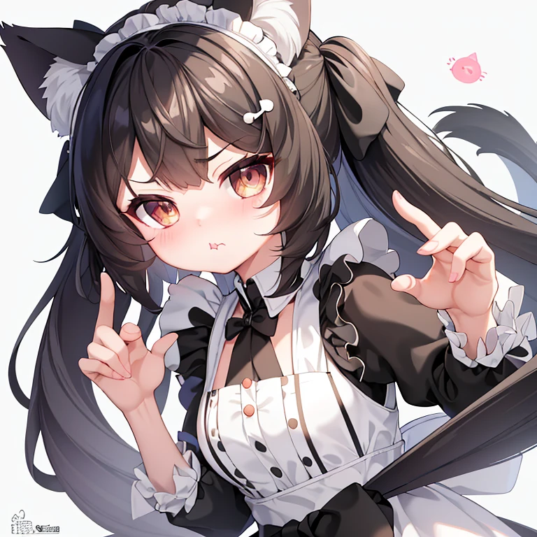 (masterpiece), best quality, absurdres, the face of a cute girl in a maid uniform with a pouting expresison, angry, neko, cat ears, maid, long brown hair, grey eyes, chibi, emoji, icon, white background, cute, 1girl, best quality, incredible detail, 4k, masterpiece, pout