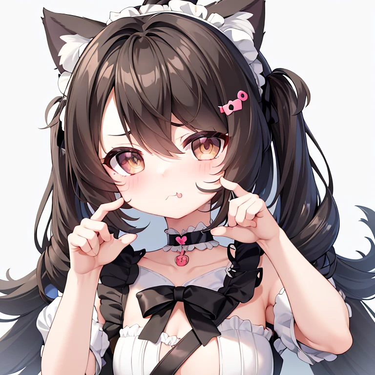 (masterpiece), best quality, absurdres, the face of a cute girl in a maid uniform with a pouting expresison, angry, neko, cat ears, maid, long brown hair, grey eyes, chibi, emoji, icon, white background, cute, 1girl, best quality, incredible detail, 4k, masterpiece, pout