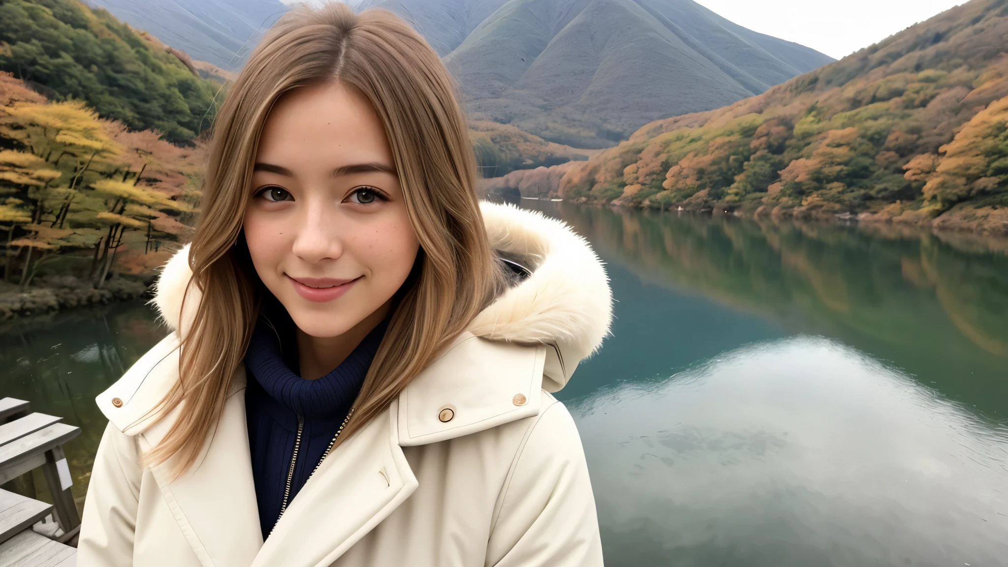Instagram pictures, 1 French girl, Shoulder length hair, Has light blonde hair, Close-up photo, coat, The background is Lake Kawaguchiko., Japan, smile a little,