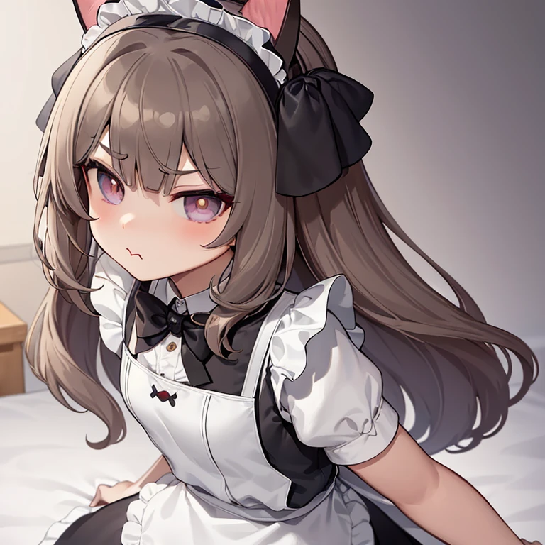 (masterpiece), best quality, absurdres, the face of a cute girl in a maid uniform with a pouting expresison, angry, neko, cat ears, maid, long brown hair, grey eyes, chibi, emoji, icon, white background, cute, 1girl, best quality, incredible detail, 4k, masterpiece, pout