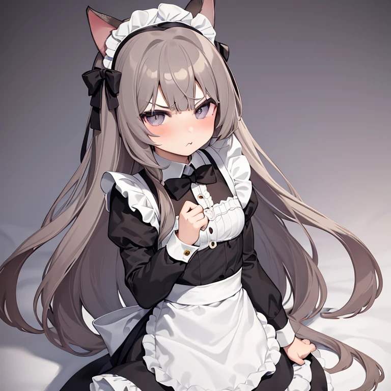 (masterpiece), best quality, absurdres, the face of a cute girl in a maid uniform with a pouting expresison, angry, neko, cat ears, maid, long brown hair, grey eyes, chibi, emoji, icon, white background, cute, 1girl, best quality, incredible detail, 4k, masterpiece, pout