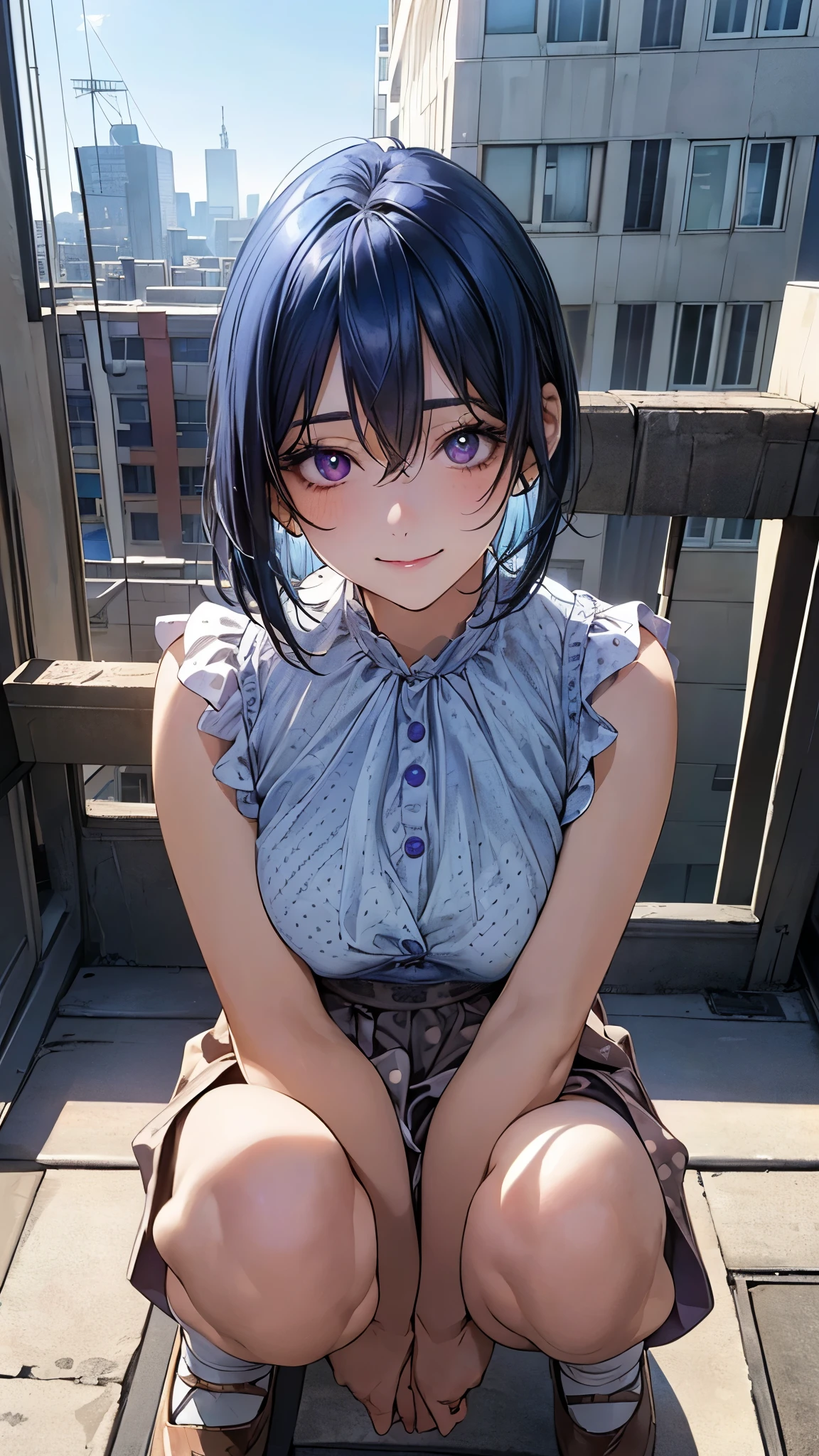 (masterpiece:1.2, top-quality), (realistic, photorealistic:1.4), beautiful illustration, (natural side lighting, movie lighting), nsfw,
looking at viewer, panty shot, front view:0.6, 1 girl, japanese, high school girl, perfect face, cute and symmetrical face, shiny skin,
(short hair:1.2, shaggy cut:1.2, blue hair), hair between eyes, purple eyes, drooping eyes, long eye lasher, (large breasts:0.6),
beautiful hair, beautiful face, beautiful detailed eyes, beautiful clavicle, beautiful body, beautiful chest, beautiful thighs, beautiful legs,
((symmetrical clothing, polka dot blue blouse, light brown culottes)),
(beautiful scenery), morning, school rooftop, squatting, spread legs, (lovely smile, upper eyes),
