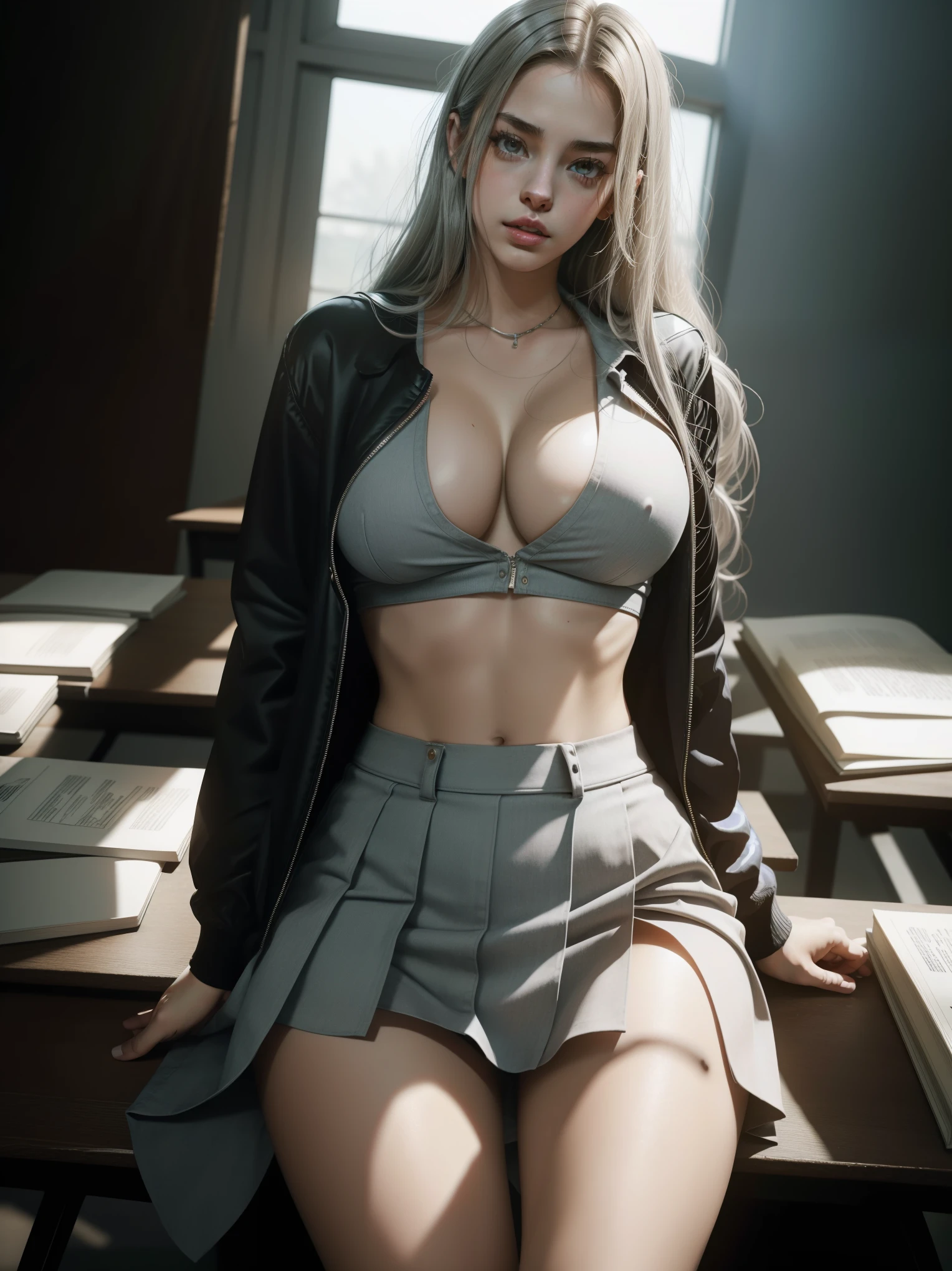 amazing artwork of sexy school girl (((Anne Hathaway:Selena Gomez:0.7))), , porn actress cropped school uniform, ripped clothes, underboob, lifting skirt, pantyshot, long silver hair, makeup, detailed face, ahegao, materpiece, d, amazing lighting, in classroom, artstation, award winning, stunning, aesthetic, depth, shading, sitting, legs spread apart, big breasts:1.8)), deep cliveage:1.3, background blur:1.2, very wwide hips