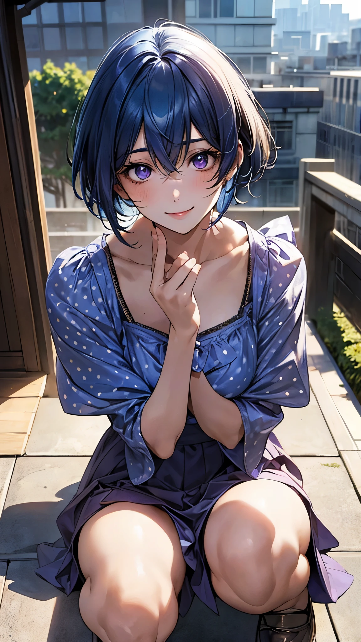 (masterpiece:1.2, top-quality), (realistic, photorealistic:1.4), beautiful illustration, (natural side lighting, movie lighting), nsfw, 
looking at viewer, panty shot, front view:0.6, 1 girl, japanese, high school girl, perfect face, cute and symmetrical face, shiny skin, 
(short hair:1.2, shaggy cut:1.2, blue hair), hair between eyes, purple eyes, drooping eyes, long eye lasher, (large breasts:0.6), 
beautiful hair, beautiful face, beautiful detailed eyes, beautiful clavicle, beautiful body, beautiful chest, beautiful thighs, beautiful legs, 
((symmetrical clothing, polka dot blue blouse, light brown culottes)),  
(beautiful scenery), morning, school rooftop, squatting, spread legs, (lovely smile, upper eyes), 
