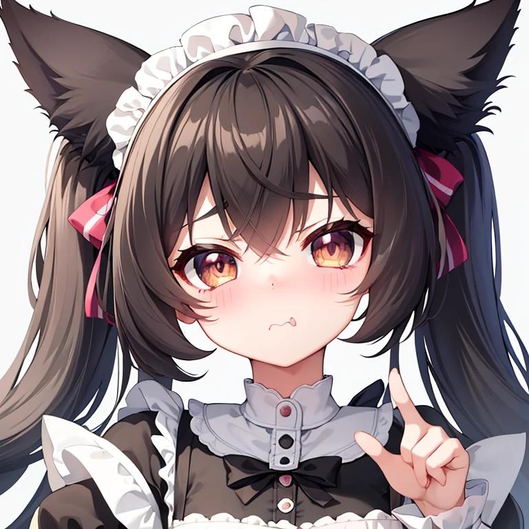 (masterpiece), best quality, absurdres, the face of a cute girl in a maid uniform with a pouting expresison, angry, neko, cat ears, maid, long brown hair, grey eyes, chibi, emoji, icon, white background, cute, 1girl, best quality, incredible detail, 4k, masterpiece, pout