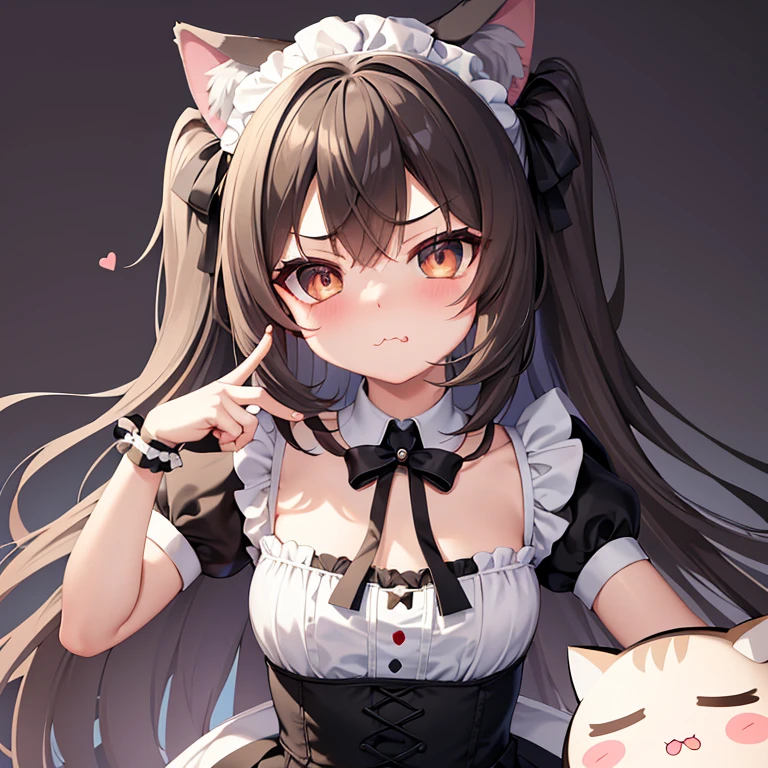 (masterpiece), best quality, absurdres, the face of a cute girl in a maid uniform with a pouting expresison, angry, neko, cat ears, maid, long brown hair, grey eyes, chibi, emoji, icon, white background, cute, 1girl, best quality, incredible detail, 4k, masterpiece, pout