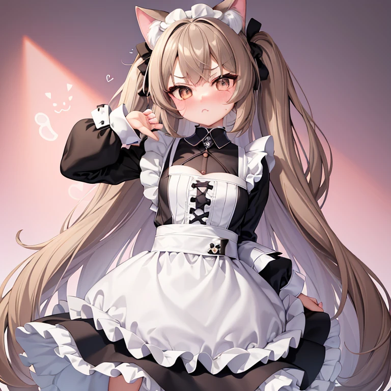 (masterpiece), best quality, absurdres, the face of a cute girl in a maid uniform with a pouting expresison, angry, neko, cat ears, maid, long brown hair, grey eyes, chibi, emoji, icon, white background, cute, 1girl, best quality, incredible detail, 4k, masterpiece, pout