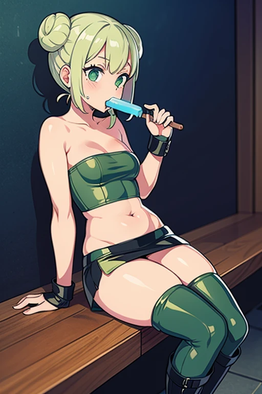 detailed digital art, dark green slim girl, hair is in two buns, undersized clothes, ((tight leather mini tube top)), small breast, leather mini skirt, tight leather stockings, pair of leather boots, licking popsicle, holding popsicle between breast