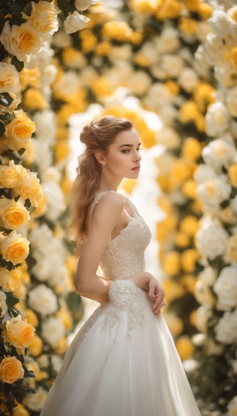beautiful 17yo beautifyl princess , luxury yellow pastel dress and expensive jewelry, expensive low-cut dress, pouty lips, sharp-focus, very sharp, high-quality, color, unique, one image, realistic, award-winning photograph, Canon EOS 5D Mark IV DSLR, f/8, ISO 100, 1/250 second, natural light, professional, pose a fashion show in yellow-white roses garden, white-yellow theme, blacklit, fairytail atmophosis ,Mecha body