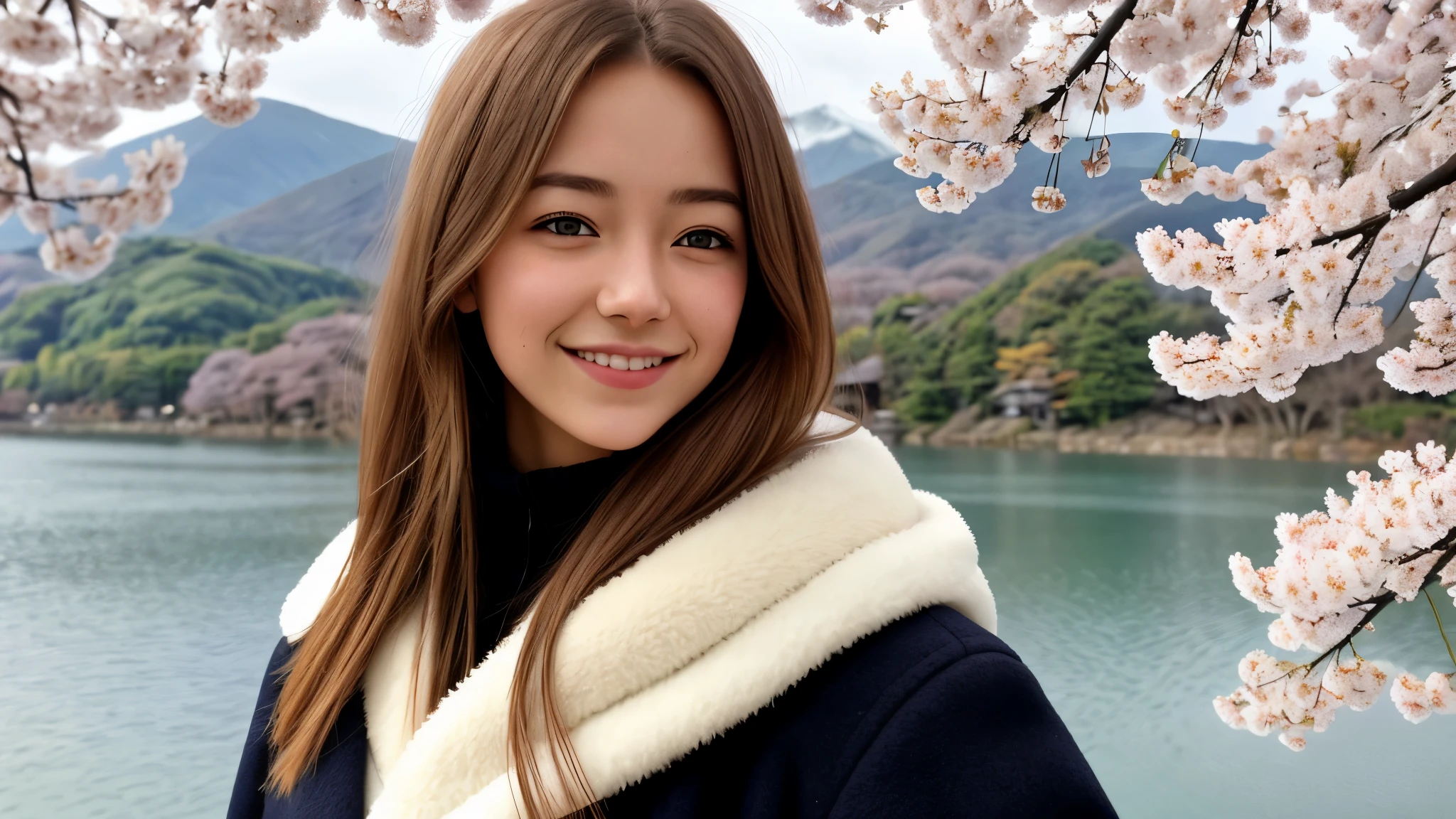 Instagram pictures, 1 French girl, Shoulder length hair, Has light blonde hair, Close-up photo, coat, The background is Lake Kawaguchiko., cherry blossoms, Japan, smile a little,