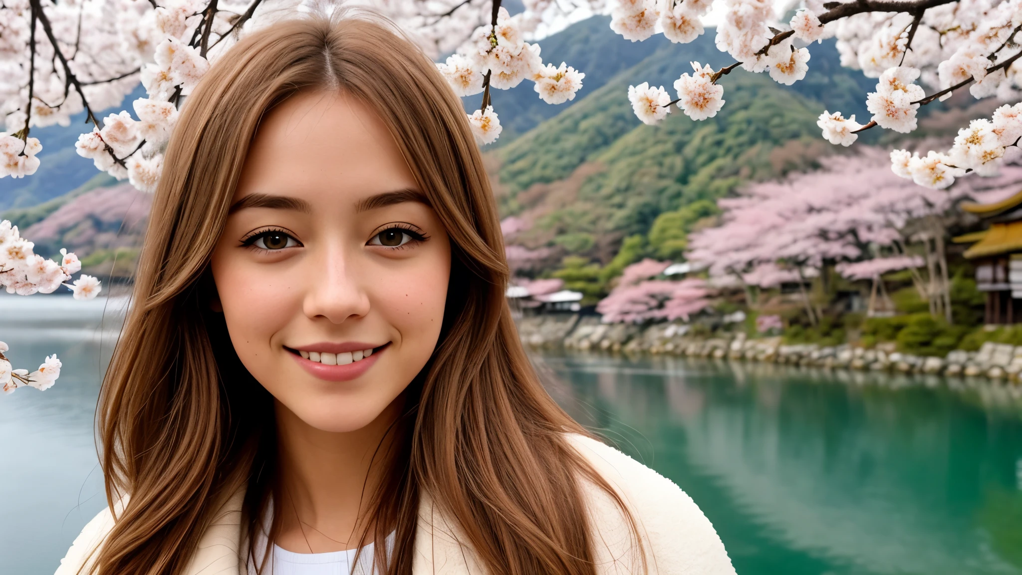 Instagram pictures, 1 French girl, Shoulder length hair, Has light blonde hair, Close-up photo, coat, The background is Lake Kawaguchiko., cherry blossoms, Japan, smile a little,