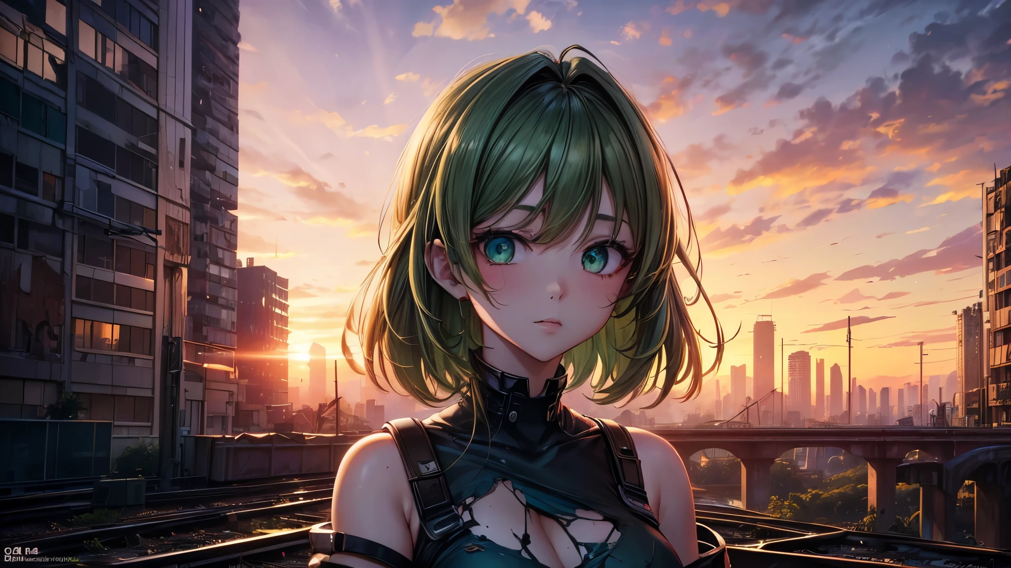 (best quality, 4k, 8k, highres, masterpiece:1.2), ultra-detailed, abandoned destroyed city with skyscrapers covered with vegetation on background, sunset, railroad between buildings, vine, anime girl in castoffs close to camera, ash hair, green eyes, look at viewer, torn clothes.