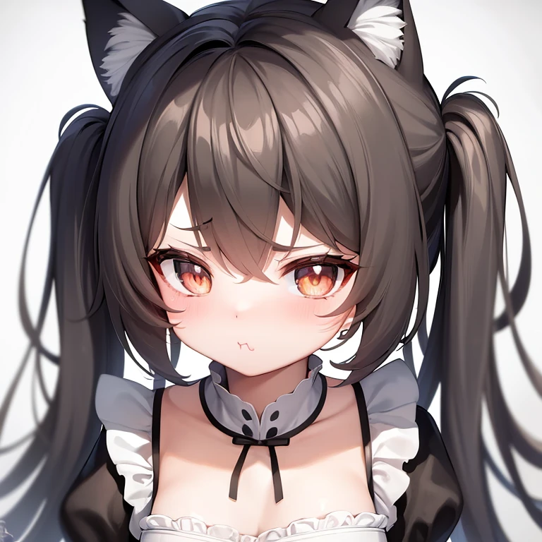 (masterpiece), best quality, absurdres, the face of a cute girl in a maid uniform with a pouting expresison, angry, neko, cat ears, maid, long brown hair, grey eyes, chibi, emoji, icon, white background, cute, 1girl, best quality, incredible detail, 4k, masterpiece, pout