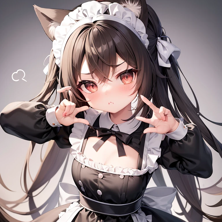 (masterpiece), best quality, absurdres, the face of a cute girl in a maid uniform with a pouting expresison, angry, neko, cat ears, maid, long brown hair, grey eyes, chibi, emoji, icon, white background, cute, 1girl, best quality, incredible detail, 4k, masterpiece, pout