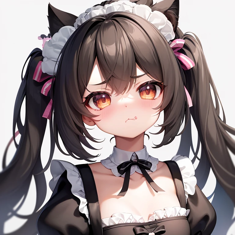 (masterpiece), best quality, absurdres, the face of a cute girl in a maid uniform with a pouting expresison, angry, neko, cat ears, maid, long brown hair, grey eyes, chibi, emoji, icon, white background, cute, 1girl, best quality, incredible detail, 4k, masterpiece, pout