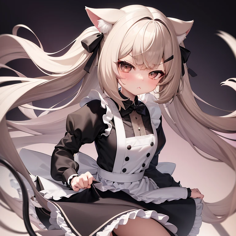 (masterpiece), best quality, absurdres, the face of a cute girl in a maid uniform with a pouting expresison, angry, neko, cat ears, maid, long brown hair, grey eyes, chibi, emoji, icon, white background, cute, 1girl, best quality, incredible detail, 4k, masterpiece, pout