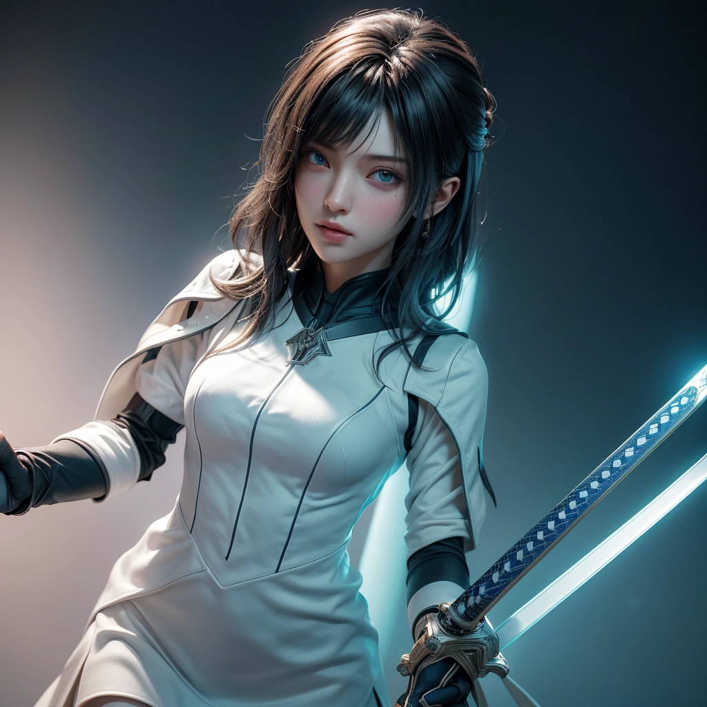 ((highest quality)), ((masterpiece)), (be familiar with:1.4), 。.。.。.3D, beautiful cyberpunk woman image,nffsw(high dynamic range),ray tracing,NVIDIA RTX,super resolution,unreal 5,scattered below the surface,PBR texturing,Post-processing,anisotropic filtering,written boundary depth,maximum clarity and sharpness,multilayer texture,Albedo and specular maps,surface shading,Accurate simulation of light-matter interactions,perfect proportions,octane rendering,two-tone lighting,wide aperture,Low ISO、White balance、Rule of thirds、8,000 students、((Holding a sword in your hand))(((white and blue clothes)))