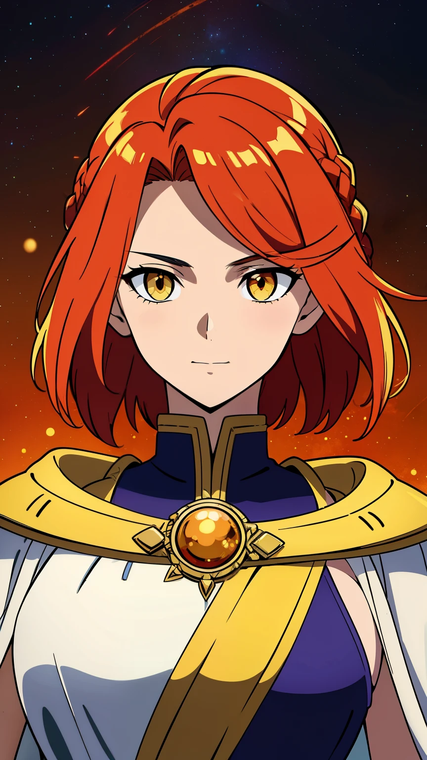 (high-quality, breathtaking),(expressive eyes, perfect face) 1girl, female, teenager, solo, short length hair, flaming red hair color, multicolored hair, gold highlights in hair, glowing hair, unkept hair, amber yellow eyes, positive expression, soft smile, cloak, shirt, God of Strength and Sun, space background, upper body, magic, elegant, fluffy spiky hair, gorgeous hair, , Greek Clothing, portrait, adventurers attire, fantasy mage clothing, beautiful hair, Apollo Hades Female