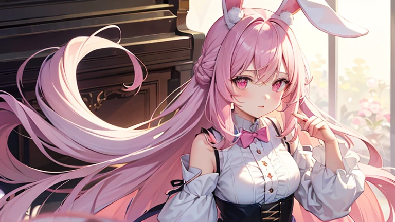 beautiful illustrations, highest quality, pretty girl, pastel colour, fluffy rabbit ears, , pink long hair, rabbit stuffed, pale pink eyes,piano,calm down