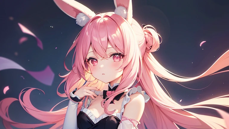 beautiful illustrations, highest quality, pretty girl, pastel colour, fluffy rabbit ears, , pink long hair, rabbit stuffed, pale pink eyes,piano,calm down