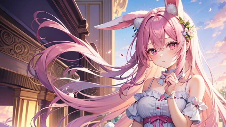 beautiful illustrations, highest quality, pretty girl, pastel colour, fluffy rabbit ears, , pink long hair, rabbit stuffed, pale pink eyes,piano,calm down