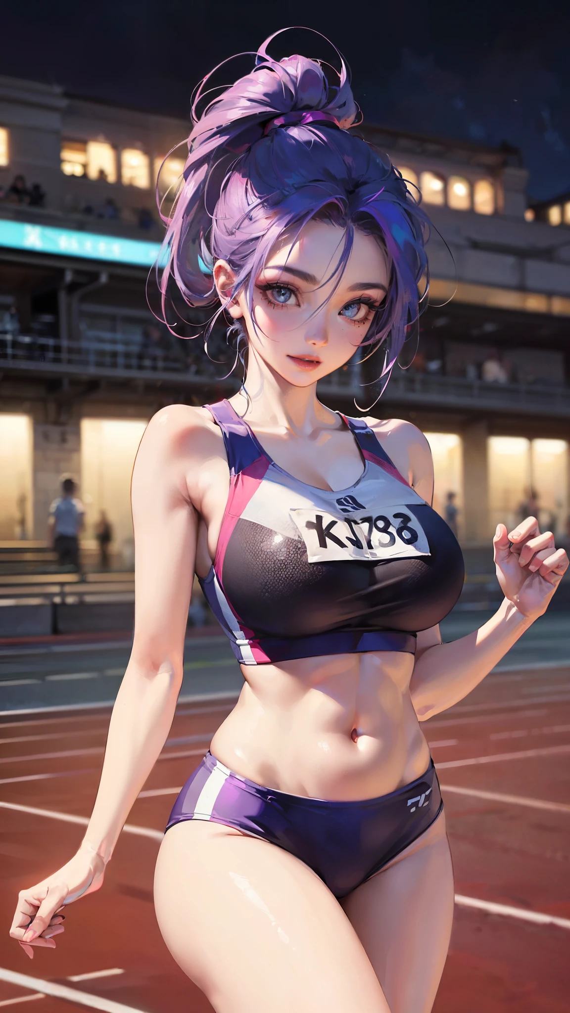Jinx, Fleshy thighs, Instagram pose,Dynamic angle, Show armpits, ((Sportswear, C cup)), Happy expression, (Entire body image:1.5), (8K, Best quality, A high resolution:1.35), (RAW photo:1.2), (Photorealistic:1.37), (Masterpiece: 1.25), Dramatic lighting, Photon maping, Symmetry, Complexity, Elegance, (1 girl), Large of breast, Long eyelashes, Detailed eyelashes, Eye shadows, Glowing eyes, ((Natural makeup, Clear facial features)), ((Curvy build, Showing stomach)), ((Fine detailed beautiful eyes: 1.2)), Bad girl, Erotic, ((Track field background, Night))