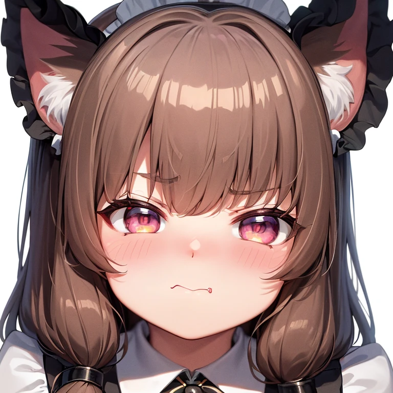 (masterpiece), best quality, absurdres, the face of a cute girl in a maid uniform with a pouting expresison, angry, neko, cat ears, maid, long brown hair, grey eyes, chibi, emoji, icon, white background, cute, 1girl, best quality, incredible detail, 4k, masterpiece, pout