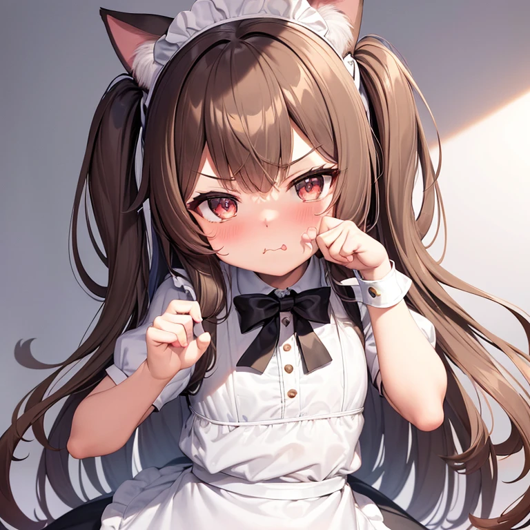 (masterpiece), best quality, absurdres, the face of a cute girl in a maid uniform with a pouting expresison, angry, neko, cat ears, maid, long brown hair, grey eyes, chibi, emoji, icon, white background, cute, 1girl, best quality, incredible detail, 4k, masterpiece, pout