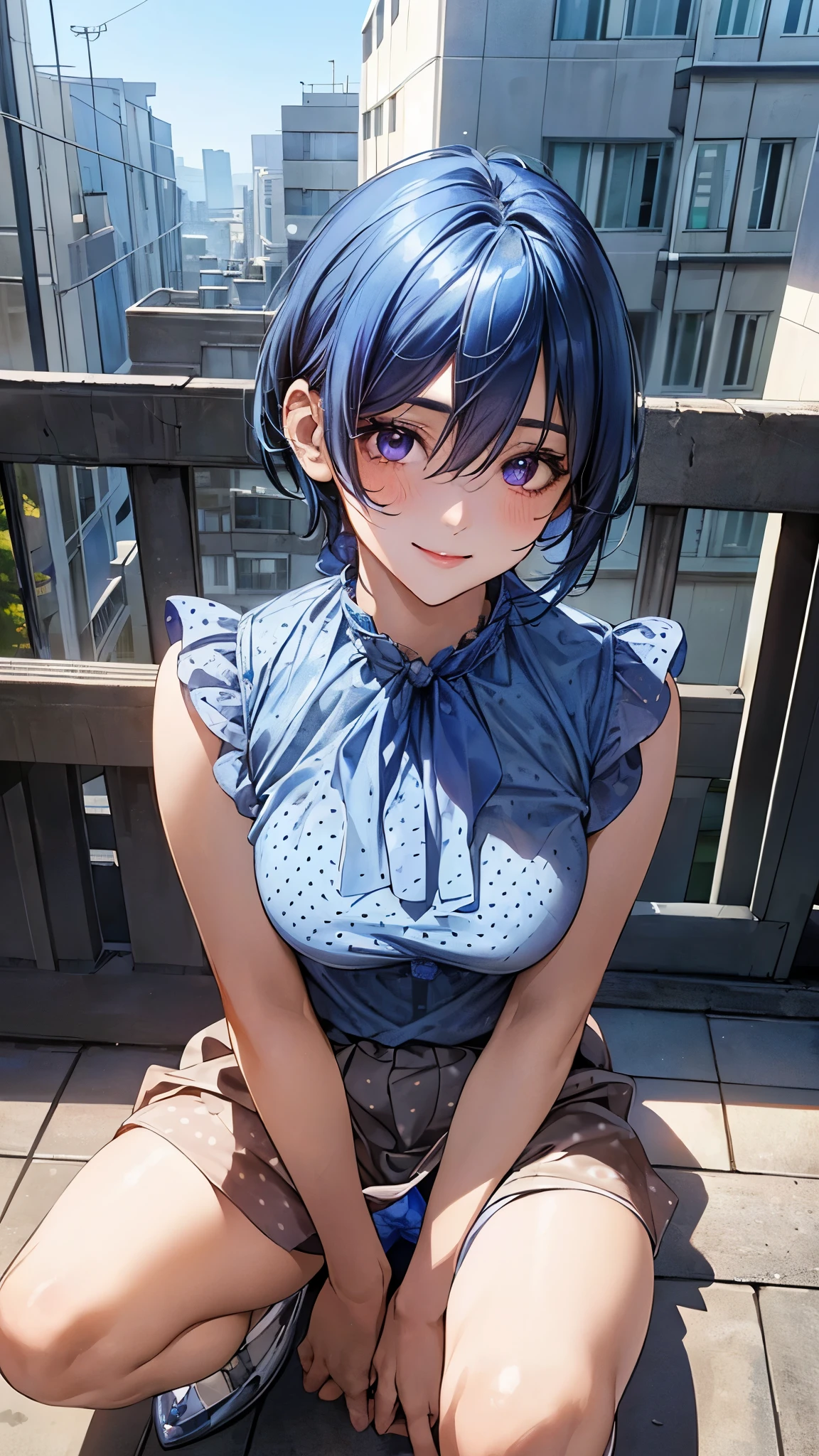work of art, ultra high quality cg, best qualityer, perfect photo, standing alone, Lidia Sobieska (tekken, short medium black hair, blue colored eyes, red hair tie, stark, smiling), wearing a long floral dress, sitting on the double bed, olhando de lado, blushful, shoulder showing, arms raised as if to hug something, in a simple European apartment