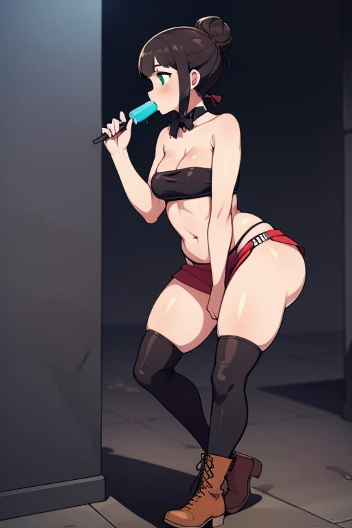 detailed digital art, dark green slim girl, hair is in two buns, undersized clothes, ((tight leather mini tube top)), small breast, leather mini skirt, tight leather stockings, pair of leather boots, licking popsicle