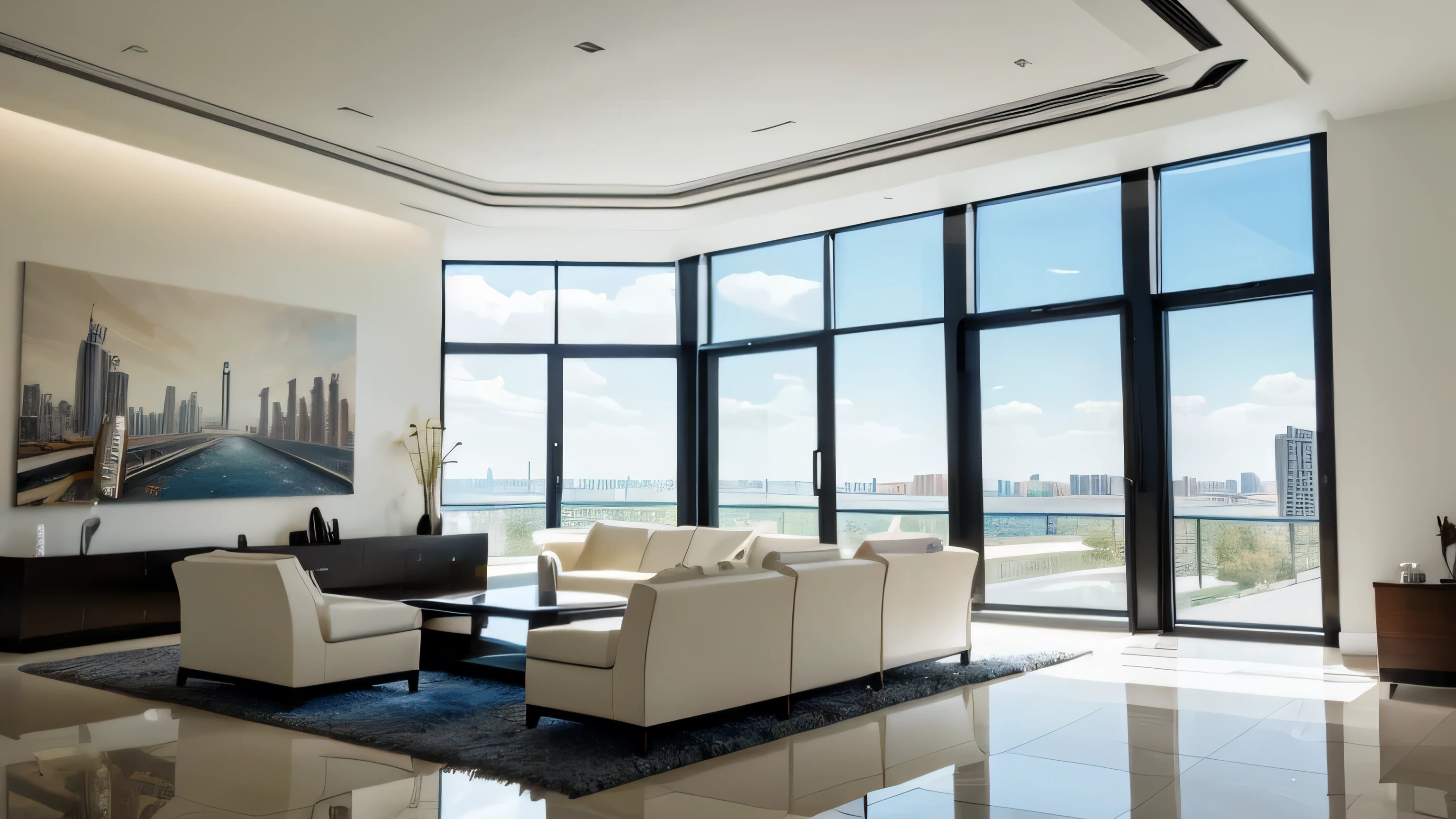 reception room,There is a wall in the middle of the reception room,The painting on the wall is in the middle, Paintings on the walls, skyscape, Large airy windows, large floor tile, large wall tile. Zaha Hadid and Santiago Calatrava landscape panoramic style, Fish, Clear light, Edge lighting, Perfect image, Building summary style, 16k UE5. superfine, 8K, hdr, Product photography, Depth of field, Nikon D850, Ultra-realistic, no contrast, clean sharp focus, professional, No blurring
